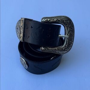 Western Black Embossed Leather Belt with Silver Buckle